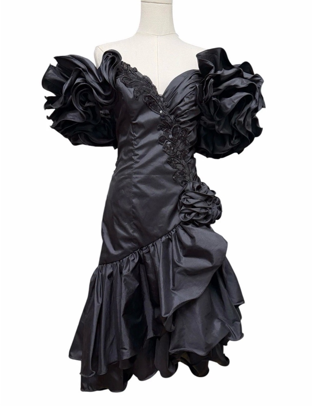 Vintage 80’s Dramatic Black Ruffle Prom Dress with Puff Sleeves